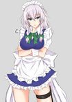  apron blue_eyes bow braid breasts commentary crossed_arms dress expressionless izayoi_sakuya knife large_breasts maid maid_headdress medium_hair miniskirt piro_(iiiiiiiiii) puffy_short_sleeves puffy_sleeves short_sleeves silver_hair skirt solo thigh_strap thighs touhou twin_braids waist_apron wrist_cuffs 