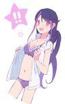  1girl bra breasts embarrassed kurosaki_ruri multicolored_hair purple_eyes purple_hair shirt solo teeth two-tone_hair yu-gi-oh! yuu-gi-ou_arc-v 