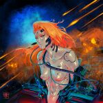  1girl aqua_eyes artist_logo atomcyber breasts collarbone commentary english_commentary expressionless highres looking_afar nipples original red_hair robot_girl solo topless upper_body 