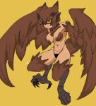  1girl absurdres bare_shoulders bird_legs bird_tail black_panties breasts brown_feathers brown_wings colored_sclera doce feathered_wings feathers freckles frown hair_between_eyes harpy highleg highleg_panties highres long_eyebrows looking_at_viewer medium_breasts monster_girl neck_fur original owl_girl panties red_eyes simple_background solo tail talons underwear wings yellow_background yellow_sclera 