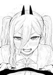  1boy 1girl absurdres blush bow bowtie chainsaw_man commentary_request cross-shaped_pupils hair_between_eyes heavy_breathing hetero highres horns kaiman_garupan monochrome nail_polish official_alternate_hairstyle open_mouth pov power_(chainsaw_man) sharp_teeth smile symbol-shaped_pupils teeth twintails 