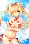  ;q ahoge bikini blonde_hair blue_sky blush breasts cloud criss-cross_halter day double_v eyebrows_visible_through_hair fate/grand_order fate_(series) green_eyes halterneck highres large_breasts long_hair looking_at_viewer navel nero_claudius_(fate)_(all) nero_claudius_(swimsuit_caster)_(fate) ntk_(7t5) ocean one_eye_closed side-tie_bikini sky solo standing striped striped_bikini swimsuit tongue tongue_out twintails v wading 