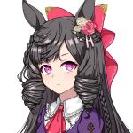  1girl absurdres animal_ears ascot black_hair bow braid closed_mouth commentary_request daiichi_ruby_(umamusume) dress drill_hair ear_ornament hair_bow highres horse_ears horse_girl long_hair looking_at_viewer lye7d pink_eyes purple_dress red_ascot red_bow simple_background solo twin_drills umamusume upper_body white_background 