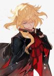  1boy artist_name ascot black_coat black_gloves blonde_hair blue_eyes closed_mouth coat colored_eyelashes folded_fan folding_fan gloves hair_over_one_eye hair_over_shoulder hand_fan highres holding holding_fan ichimonji_norimune lack long_hair long_sleeves looking_at_viewer male_focus partially_fingerless_gloves red_ascot simple_background smile solo touken_ranbu upper_body white_background 