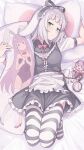  1girl animal_ears apron black_dress black_thighhighs blush breasts character_print closed_mouth commentary_request commission dakimakura_(object) dress erina_(rabi-ribi) green_eyes highres irisu_(rabi_ribi) knees_up paid_reward_available pillow puffy_short_sleeves puffy_sleeves rabbit_ears rabbit_girl rabi-ribi rkrk short_dress short_hair short_sleeves skeb_commission small_breasts solo striped_clothes striped_thighhighs thighhighs waist_apron white_apron white_hair white_thighhighs 