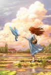  basket bird blue_dress blue_footwear brown_hair cloud cloudy_sky commentary_request day dress floating_hair flower grass holding holding_basket house long_hair long_sleeves marktal original outdoors petals scenery shoes sky standing tree 
