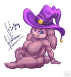 3_toes 5_fingers anthro big_breasts big_ears blue_eyes breasts brown_body brown_fur clothing eyewear feet female fennephilim_fox fingers fur glasses happy_halloween hat headgear headwear hi_res league_of_legends looking_at_viewer norra_(lol) nude pink_eyewear pink_glasses riot_games round_glasses sitting slightly_chubby solo toes tongue tongue_out witch_hat yordle
