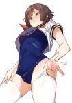  1girl adjusting_clothes adjusting_legwear ass_visible_through_thighs black_hair blue_one-piece_swimsuit breasts closed_mouth covered_navel from_below hand_on_own_thigh highres kono_subarashii_sekai_ni_shukufuku_wo! looking_at_viewer looking_down megumin name_tag neckerchief old_school_swimsuit one-piece_swimsuit orange_neckerchief re:ankh_(mrsz4523) red_eyes sailor_collar school_swimsuit school_uniform serafuku shirt short_hair simple_background small_breasts solo swimsuit swimsuit_under_clothes thighhighs white_background white_sailor_collar white_serafuku white_shirt white_thighhighs 