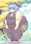 2022 2_horns adeptus_(genshin_impact) animal_humanoid artist_name bangs bell bell_collar belly belly_overhang belly_rolls belly_squish big_belly big_breasts blue_hair blush body_stocking bodysuit breasts chubby_cheeks clothed clothing cloud collar cowbell curved_horn dialogue embarrassed english_text eyebrow_through_hair eyebrows eyelashes fat_arms fat_rolls female flabby_arms fluffy fluffy_hair footwear full-length_portrait ganyu_(genshin_impact) genshin_impact grass hair hands_on_legs hands_on_own_legs hands_on_own_thighs hands_on_thighs hi_res high_heels horn horned_humanoid huge_belly huge_hips huge_thighs humanoid kirin_humanoid leaning leaning_forward leaning_on_self long_hair love_handles mihoyo navel_outline nipple_outline obese obese_female obese_humanoid open_mouth outside overweight overweight_female overweight_humanoid pixiveo plant portrait purple_eyes shoes side_bangs signature skinsuit sky solo speech_bubble squish standing stuttering text thick_calves thick_thighs thigh_squish three-quarter_view tight_clothing translucent translucent_hair tree wavy_mouth weight_conscious weight_gain wide_hips worried