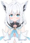  1girl absurdres ahoge animal_ear_fluff animal_ears arm_ribbon artist_request blue_eyes blue_ribbon braid detached_sleeves double_fox_shadow_puppet fox_ears fox_girl fox_shadow_puppet fox_tail highres hololive hood hoodie looking_at_viewer navel neck_ribbon ribbon shirakami_fubuki shirakami_fubuki_(1st_costume) single_braid solo tail v virtual_youtuber white_hair white_hoodie white_sleeves 