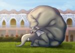 anthro asutatinn61 biped breasts elephant elephantid eyelashes eyeliner eyes_closed female grey_body hi_res makeup mammal nude proboscidean side_view solo yoga