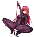  :o absurdres blush boruhis cameltoe covered_navel covered_nipples fate/grand_order fate_(series) hair_intakes high_heels highres long_hair purple_hair red_eyes rubbing scathach_(fate)_(all) scathach_(fate/grand_order) sexually_suggestive simple_background skin_tight solo white_background 