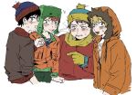  4boys black_hair blonde_hair blush cigarette eric_cartman fat green_eyes holding holding_cigarette jisan600 kenny_mccormick kyle_broflovski multiple_boys open_mouth scene_reference simple_background smoking south_park stan_marsh white_background 