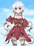  ahoge bare_shoulders cloud cowboy_shot day dress garter_straps hair_between_eyes jewelry long_hair looking_at_viewer mo253 necklace purple_eyes red_dress senki_zesshou_symphogear silver_hair smile solo thighhighs twintails very_long_hair yukine_chris 