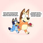 1:1 2024 3_toes accent anthro australian_cattle_dog black_text blue_body blue_fur bluey_(series) bluey_heeler brown_nose canid canine canis cattledog chilli_heeler dialogue digital_drawing_(artwork) digital_media_(artwork) domestic_dog duo eating einsamkeitus english_text eye_contact feet female food fruit fur herding_dog hi_res looking_at_another male mammal melon mother_(lore) mother_and_child_(lore) mother_and_son_(lore) open_mouth orange_body orange_fur parent_(lore) parent_and_child_(lore) parent_and_son_(lore) pastoral_dog pink_background plant shadow simple_background son_(lore) speech_bubble text the_boondocks toes watermelon watermelon_slice wholesome