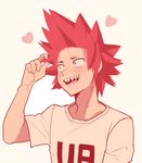  blush boku_no_hero_academia heart highres kirishima_eijirou looking_to_the_side male_focus open_mouth red_eyes red_hair sally_(luna-arts) sharp_teeth shirt short_sleeves simple_background solo spiked_hair sweat teeth upper_body white_background white_shirt 