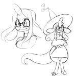 2_toes anthro bottomwear clothing crossed_arms eyewear feet female forehead_horn glasses hair hat headgear headwear horn monochrome multiple_images scalie simple_background solo standing tagme tail toes topwear unknown_artist white_background