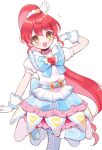  1girl :d blue_bow bow cowboy_shot dress frilled_dress frills gloves hand_up highres hoshikuzu_(pinkholic) idol_clothes layered_dress long_hair looking_at_viewer open_mouth ponytail pretty_series pripara puffy_short_sleeves puffy_sleeves red_hair shiratama_mikan short_sleeves sidelocks simple_background smile solo standing standing_on_one_leg very_long_hair white_background white_dress white_gloves yellow_eyes 