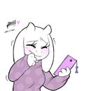  &lt;3 alternate_universe altertale anthro blush bone boss_monster caprine clothed clothing comic digital_media_(artwork) english_text female friisans goat hi_res horn long_ears mammal phone simple_background smile solo sweater text toriel undertale video_games white_background 