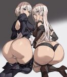  2b_(nier:automata) 2girls a2_(nier:automata) ashiomi_masato ass ass_focus black_background black_gloves black_hairband black_panties black_thighhighs blue_eyes blush boots breasts clothing_cutout elbow_gloves gloves goddess_of_victory:_nikke grey_hair hairband highres huge_ass juliet_sleeves large_breasts leotard long_hair long_sleeves looking_back multiple_girls nier:automata nier_(series) panties puffy_sleeves shadow thick_thighs thighhighs thighhighs_under_boots thighs thong thong_leotard underwear white_hair white_leotard 