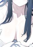  1girl areola_slip black_hair blue_archive breasts dress head_out_of_frame highres large_breasts long_hair movik official_alternate_costume saori_(blue_archive) saori_(dress)_(blue_archive) solo strapless strapless_dress upper_body white_dress 