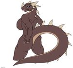 2017 5_fingers absurd_res anthro beatrice big_breasts breasts butt claws digital_media_(artwork) dragon female hand_on_butt hi_res horn huge_breasts lips looking_back nipples nude pinup pose presenting raised_tail reptile scalie side_boob smile solo standing wiira 