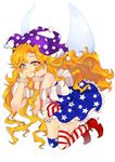  absurdres adapted_costume alternate_legwear american_flag_dress american_flag_legwear asymmetrical_legwear bare_shoulders blonde_hair blue_eyes borrowed_design closed_mouth clownpiece dress fairy_wings full_body hat heterochromia high_heels highres huge_filesize jester_cap kyogoku-uru long_hair looking_at_viewer nail_polish pointy_shoes polka_dot red_eyes red_footwear ringed_eyes shoes short_dress simple_background smile solo star star-shaped_pupils star_print striped striped_legwear symbol-shaped_pupils thighhighs touhou very_long_hair wavy_hair white_background wings wrist_cuffs 