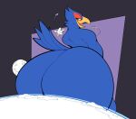 anthro arwing avian back_facing_viewer beak bedroom_eyes big_butt bird blue_body boot_(artist) butt curvy_figure digital_media_(artwork) falco_lombardi feathers hi_res male narrowed_eyes nintendo nude planet rear_view seductive simple_background solo star_fox tail tail_feathers thick_thighs voluptuous wide_hips