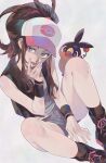  1girl baseball_cap black_vest blue_eyes brown_hair denim denim_shorts hat high_ponytail highres hilda_(pokemon) itou_(very_ito) long_hair looking_at_viewer pokemon pokemon_(creature) pokemon_bw ponytail shirt short_shorts shorts sidelocks tepig vest white_shirt wristband 