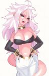  1girl android_21 bare_shoulders black_sclera breasts colored_sclera colored_skin detached_sleeves dragon_ball dragon_ball_fighterz earrings harem_pants highres hoop_earrings inkerton-kun jewelry large_breasts long_hair looking_at_viewer majin_android_21 midriff navel open_mouth pants pink_skin pointy_ears red_eyes simple_background solo spiked_hair strapless tail teeth tube_top upper_body upper_teeth_only white_background white_hair 