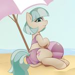  2017 beach blue_eyes butt clothed clothing coco_pommel_(mlp) cutie_mark earth_pony equine female feral friendship_is_magic hair horse looking_at_viewer looking_back mammal multicolored_hair my_little_pony neighday panties pony seaside solo two_tone_hair underwear 