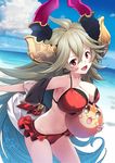  ahoge ball bangs beach beachball big_hair bikini blouse blue_sky blush breasts cleavage cloud commentary_request day draph eyebrows_visible_through_hair granblue_fantasy grey_hair hair_between_eyes halterneck highres holding holding_ball horns large_breasts long_hair looking_at_viewer navel ocean open_mouth outdoors red_bikini red_eyes see-through sky solo standing star strap_gap swimsuit thalatha_(granblue_fantasy) undressing very_long_hair water white_blouse yamacchi 