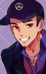  1boy absurdres baseball_cap black_hair black_jacket blue_shirt brown_eyes collared_shirt emi_star facial_hair grin hat highres iori_junpei jacket jewelry looking_at_viewer male_focus necklace open_clothes open_jacket parted_lips persona persona_3 portrait shirt short_hair smile solo teeth upper_body very_short_hair 