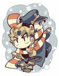  2boys black_hair blonde_hair chibi chibi_only closed_mouth coat dio_brando full_body grey_coat grey_headwear hat jojo_no_kimyou_na_bouken kotorai kujo_jotaro male_focus multiple_boys no_nose scarf snowflakes snowing striped_clothes striped_scarf v-shaped_eyebrows winter 