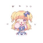  1girl ;d blonde_hair blue_bow blue_dress blush bow chibi cotton_candy cropped_legs dress food hair_bow hand_on_own_cheek hand_on_own_face holding holding_food hoshikuzu_(pinkholic) idol_clothes idol_time_pripara long_hair looking_at_viewer one_eye_closed open_mouth pretty_series pripara purple_eyes ringlets simple_background smile solo star_(symbol) two_side_up white_background yumekawa_yui 