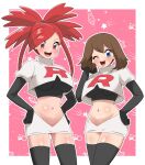  2girls :d ;d ass_visible_through_thighs black_gloves black_shirt black_thighhighs blue_eyes breasts brown_hair cosplay cropped_jacket cropped_shirt dooon_chaaan elbow_gloves flannery_(pokemon) gloves hand_on_own_hip hands_on_own_hips highres jacket jessie_(pokemon) jessie_(pokemon)_(cosplay) large_breasts looking_at_viewer may_(pokemon) medium_breasts midriff miniskirt multiple_girls navel one_eye_closed open_mouth pokemon pokemon_rse red_eyes red_hair shirt skirt smile team_rocket team_rocket_uniform teeth thighhighs upper_teeth_only white_jacket white_skirt 
