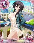  black_hair breasts bridge card_(medium) character_name chess_piece city cleavage covered_nipples cup dress gloves high_school_dxd high_school_dxd_infinity large_breasts long_hair military military_uniform official_art pawn pink_eyes raynare river smile solo standing teacup torn_clothes trading_card uniform white_dress white_gloves 