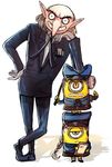  blue_suit braid caroline_(persona_5) caroline_(persona_5)_(cosplay) commentary constricted_pupils cosplay crossover despicable_me formal gloves grey_hair igor justine_(persona_5) justine_(persona_5)_(cosplay) kataro long_nose male_focus minion_(despicable_me) persona persona_5 side_bun single_braid suit thick_eyebrows white_gloves 