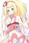  1girl absurdres blonde_hair blush clenched_hands closed_mouth green_eyes highres japanese_clothes kimono lillie_(new_year&#039;s_2021)_(pokemon) lillie_(pokemon) long_hair looking_at_viewer obi official_alternate_costume piyo_to_game pokemon pokemon_masters_ex ponytail sash smile solo wide_sleeves 