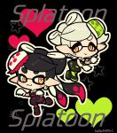  2girls :&gt; :3 black_hair callie_(splatoon) copyright_name cross-shaped_pupils full_body gloves green_pantyhose grey_hair heart kotorai marie_(splatoon) mole mole_under_eye multiple_girls no_nose orange_eyes outline pantyhose pointy_ears red_pantyhose short_hair splatoon_(series) star_(symbol) symbol-shaped_pupils tentacle_hair thick_eyebrows white_gloves white_outline 