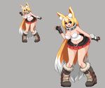  alice_(flanaki) animal_ears belt blonde_hair blue_eyes boots breasts cleavage collar commission fingerless_gloves fox_ears fur_boots gloves large_breasts long_hair metal_collar miniskirt original pixel_art skirt takorin very_long_hair white white_background 