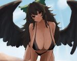  1girl bikini bird_wings black_bikini black_eyes black_hair black_wings blush bow breasts cleavage commentary_request green_bow hair_bow head_tilt highres huge_breasts long_hair looking_at_viewer messy_hair moriforest1040 open_mouth outdoors reiuji_utsuho sidelocks solo swimsuit touhou wings 