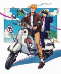  2boys black_eyes black_hair blonde_hair brown_footwear brown_jacket brown_pants cloud cm_wm collared_shirt commentary_request day ekubo_(mob_psycho_100) full_body halftone helmet highres holding holding_phone jacket kageyama_shigeo long_sleeves looking_at_another male_focus mob_psycho_100 motor_vehicle motorcycle motorcycle_helmet multiple_boys on_scooter open_clothes open_jacket outdoors pants phone reigen_arataka road_sign scooter shirt shoes short_hair sign smile spirit white_background white_shirt 