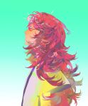  1other arms_at_sides closed_eyes closed_mouth dark-skinned_other esyil207 expressionless gradient_background green_background hair_between_eyes highres houseki_no_kuni long_hair long_sleeves messy_hair padparadscha_(houseki_no_kuni) profile red_hair shirt sidelocks two-tone_shirt upper_body white_shirt yellow_shirt 