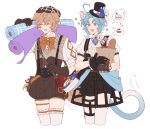  2boys absurdres animal_ears bag bishounen black_gloves blue_hair bread cat_boy cat_ears cat_tail closed_eyes cowboy_shot dog_boy dog_ears dog_tail food genshin_impact gloves hat highres majunjuu male_focus multiple_boys original paper_bag red_ribbon ribbon short_hair shorts simple_background speech_bubble tail vision_(genshin_impact) white_background 