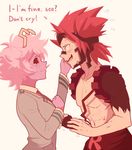  1boy 1girl ? abs ashido_mina black_sclera blood blush boku_no_hero_academia crying english fingerless_gloves from_side gloves hand_on_another's_face hetero highres horns kirishima_eijirou long_sleeves looking_at_another mask necktie open_mouth pink_hair pink_skin red_eyes red_hair sad sally_(luna-arts) scar school_uniform sharp_teeth short_hair simple_background single_glove smile spiked_hair sweat tears teeth text_focus torn_clothes torn_sleeves u.a._school_uniform white_background yellow_eyes 