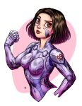  1girl alita alita:_battle_angel battle_angel_alita breasts brown_eyes brown_hair brown_lips clenched_hand commentary cropped_torso cyborg english_commentary highres medium_breasts raised_eyebrow renedraws signature smile solo upper_body 