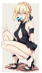  absurdres artoria_pendragon_(all) artoria_pendragon_(swimsuit_rider_alter) black_bow blonde_hair bow breasts cleavage eyebrows_visible_through_hair fate/grand_order fate_(series) food hair_bow high_heels highres long_legs looking_at_viewer medium_breasts popsicle short_hair sideboob solo squatting v yellow_eyes yuchio 