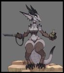  2017 anthro bomb breasts claws cleavage clothed clothing digital_media_(artwork) explosives female grin hi_res horn knife kobold midriff non-mammal_breasts robotjoe scalie smile solo wide_hips 