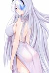  1girl alternate_costume ass azur_lane backless_dress backless_outfit bare_shoulders black_hairband breasts butterfly_over_eye dress grey_dress grey_hair hair_over_one_eye hairband large_breasts long_hair looking_at_viewer looking_back purple_eyes sa_(nax49) side_slit sleeveless sleeveless_dress solo unzen_(azur_lane) very_long_hair white_background 